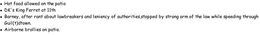 Hot food allowed on the patio DK's King Ferret at 11th Barney, after rant about lawbreakers and leniency of authorities,stopped by strong arm of the law while speeding through Guil(t)dtown. Airborne brollies on patio.