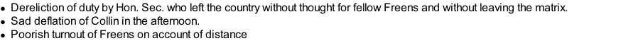 Dereliction of duty by Hon. Sec. who left the country without thought for fellow Freens and without leaving the matrix. Sad deflation of Collin in the afternoon. Poorish turnout of Freens on account of distance
